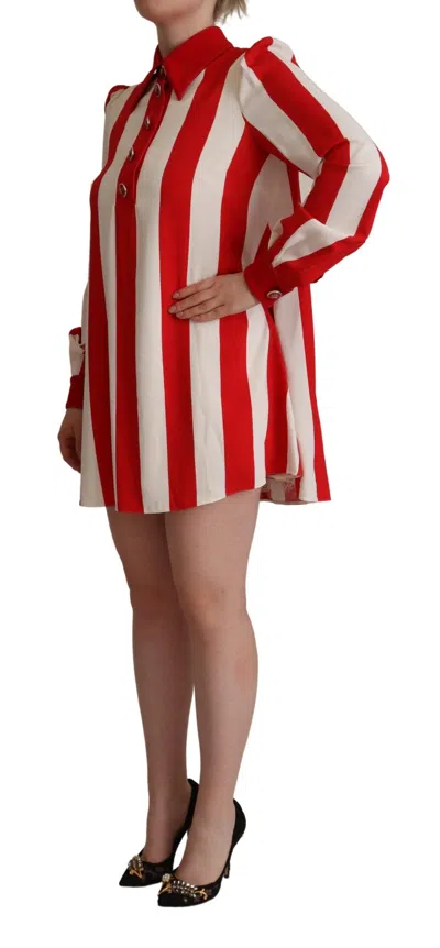 Dolce & Gabbana White Red Stripes Long Sleeves Mini Dress In Red