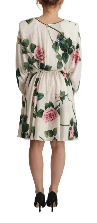 Dolce & Gabbana White Rose Print Long Sleeves A-line Women's Dress In Multi