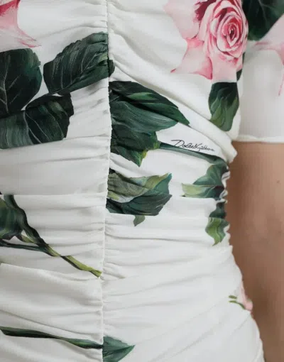 Pre-owned Dolce & Gabbana White Roses Print Stretch Silk Pleated Women's Dress ()