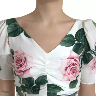 Pre-owned Dolce & Gabbana White Roses Print Stretch Silk Pleated Women's Dress ()
