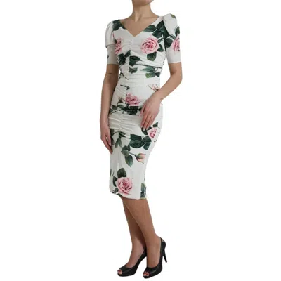 Pre-owned Dolce & Gabbana White Roses Print Stretch Silk Pleated Women's Dress ()