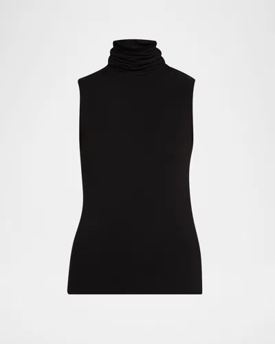 Majestic Soft Touch Viscose Sleeveless Turtleneck Top In Black