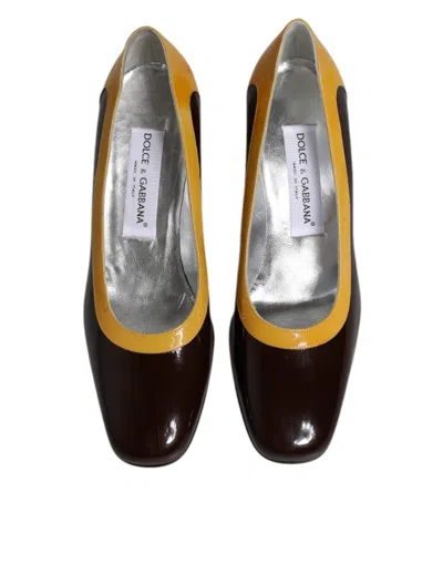 Pre-owned Dolce & Gabbana Yellow Brown Leather Block Heel Pumps Women's Shoes ()