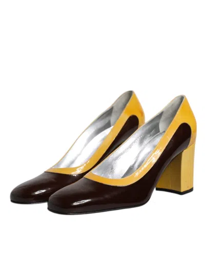 Pre-owned Dolce & Gabbana Yellow Brown Leather Block Heel Pumps Women's Shoes ()