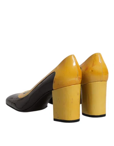 Pre-owned Dolce & Gabbana Yellow Brown Leather Block Heel Pumps Women's Shoes ()