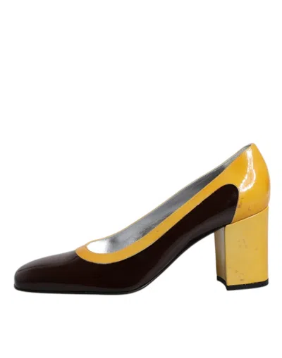 Pre-owned Dolce & Gabbana Yellow Brown Leather Block Heel Pumps Women's Shoes ()