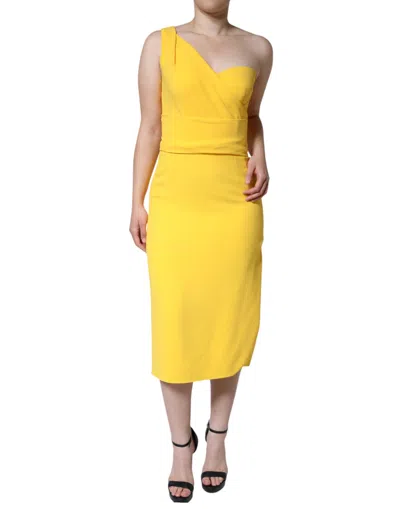 Pre-owned Dolce & Gabbana Yellow One Shoulder Side Slit Midi Women's Dress ()