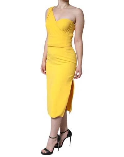 Pre-owned Dolce & Gabbana Yellow One Shoulder Side Slit Midi Women's Dress ()