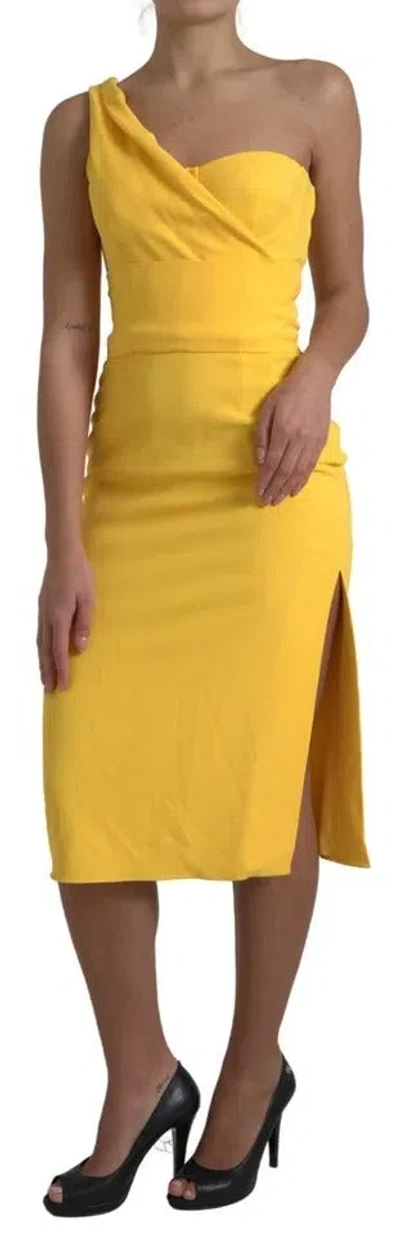 Pre-owned Dolce & Gabbana Yellow One Shoulder Side Slit Midi Women's Dress ()