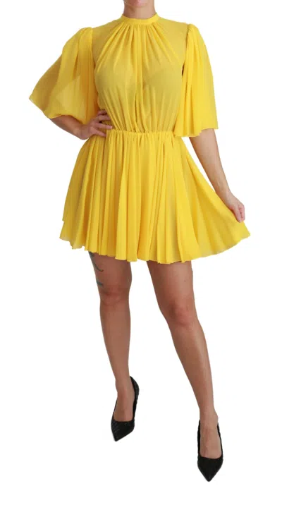 Dolce & Gabbana Silk Pleated A-line Mini Dress In Sunshine Yellow In Yellow