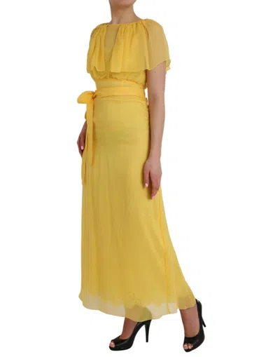 Dolce & Gabbana Yellow Silk Sheath Belted Long Maxi Dress In Yellow