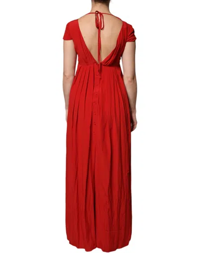 Pre-owned Dondup Red Acetate Short Sleeves Plunging Neckline Maxi Women's Dress ()