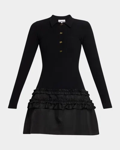 Ganni Mélange Rib-knit Long-sleeve Mini Dress In Black