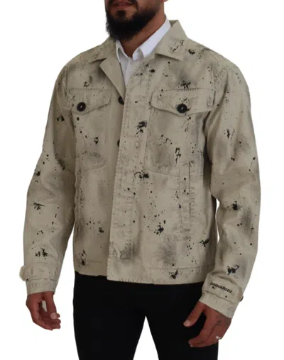 Pre-owned Dsquared2 Dsquared² Off White Black Splash Print Casual Denim Men's Jacket ()