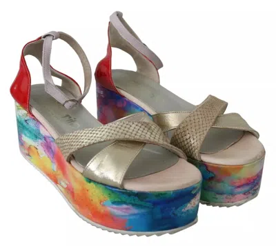 Pre-owned Ebarrito Multicolor Leather Ankle Strap Wedge Heel Sandals Women's Shoes ()