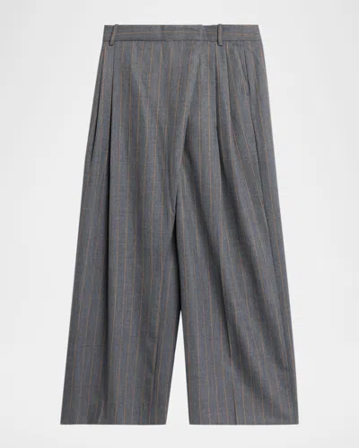 Ganni Pinstripe Brushed Wool Cross-over Trousers In Gray