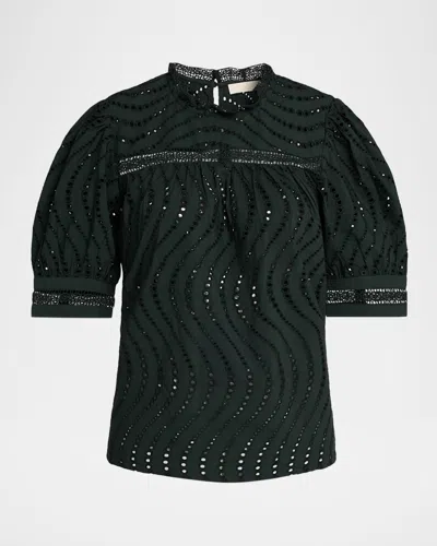 Ulla Johnson Virginia Lace Eyelet Short-sleeve Blouse In Green