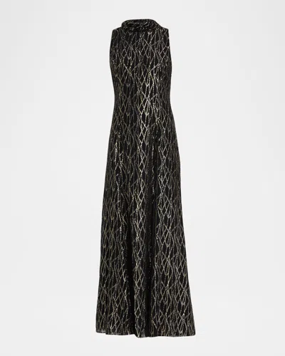 Shoshanna Flora Metallic Mock-neck Maxi Dress In Black