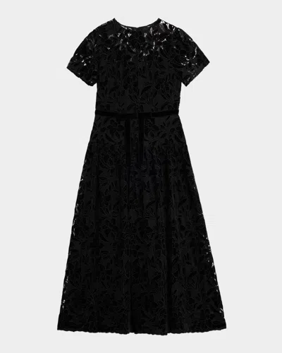 Shoshanna Farah Puff-sleeve Velvet Lace Midi Dress In Black