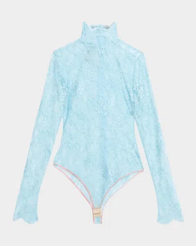Valentino Turtleneck Long-sleeve Lace Bodysuit In Blue