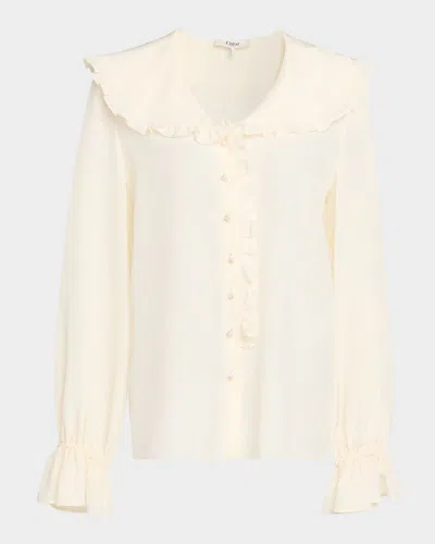 Chloé Bertha-collar Ruffle Button-down Silk Blouse In Neutral
