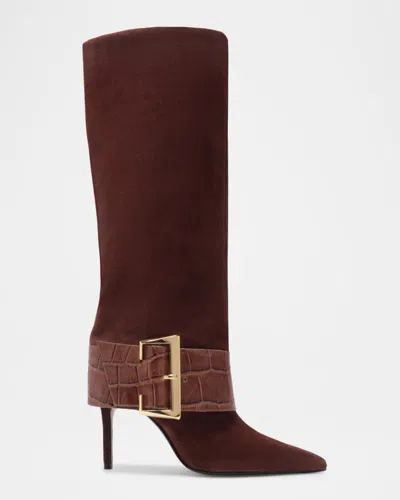 Schutz Beatrix Suede Knee-high Boots With Croc-embossed Buckle In Brown