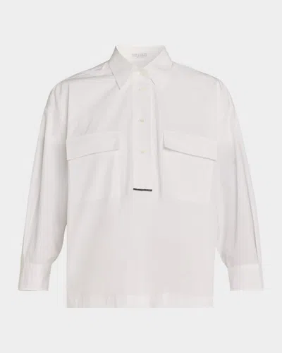 Brunello Cucinelli Monili-trim Matte Poplin Button-down Shirt In White