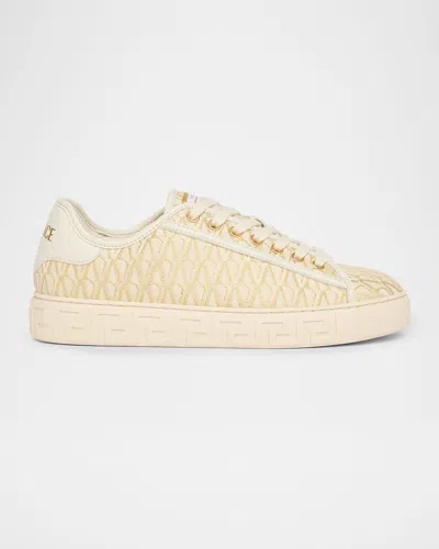 Versace Greca Jacquard Canvas Low-top Sneakers In Neutral