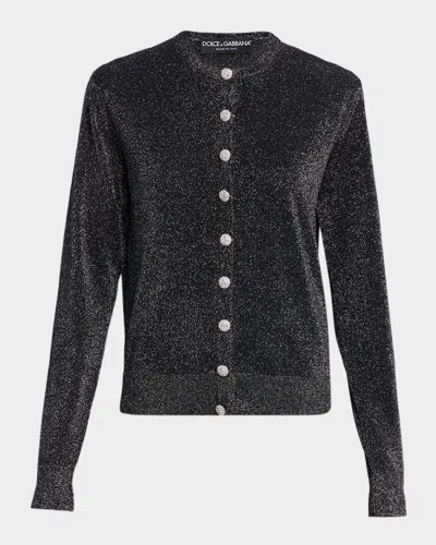 Dolce & Gabbana Crystal-button Metallic Knit Crewneck Cardigan In Gray