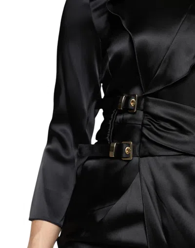 Pre-owned Emporio Armani Black Satin Long Sleeves Wrap Sheath Mini Women's Dress ()