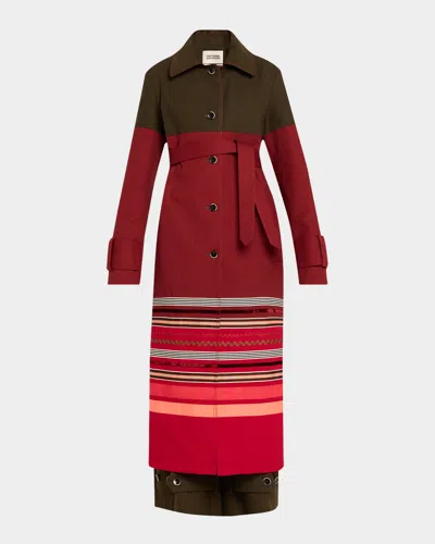 Christopher John Rogers Embroidered Stripe Belted Long Trench Coat