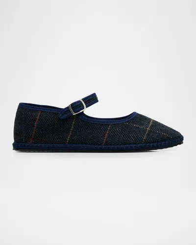 Vibi Venezia Mary Jane Plaid Herringbone Wool-blend Flats In Blue