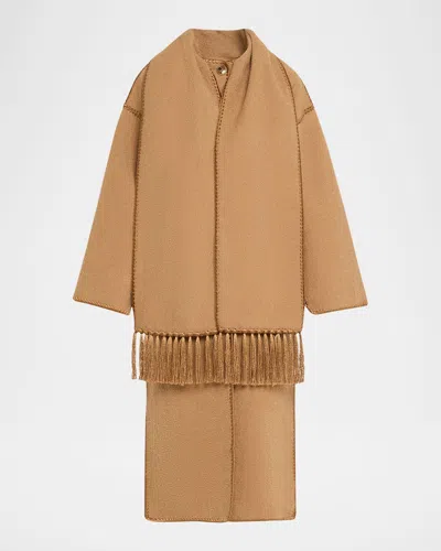 Totême Fringe Embroidered Scarf Wool Coat In Brown