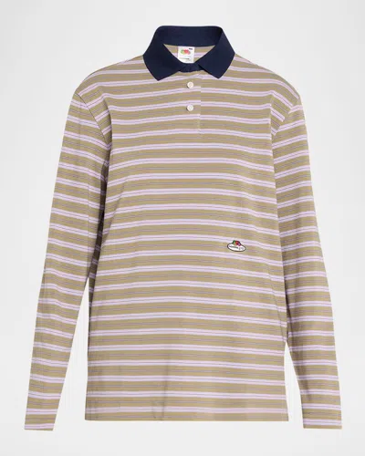 Hommegirls X Fruit Of The Loom Striped Long-sleeve Polo Shirt In Brown