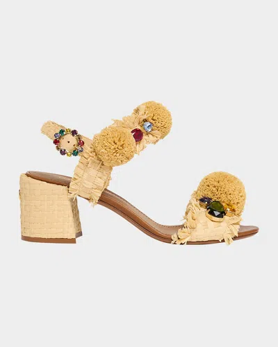 Dolce & Gabbana Raffia Pom Pom Gem Block-heel Sandals In Yellow