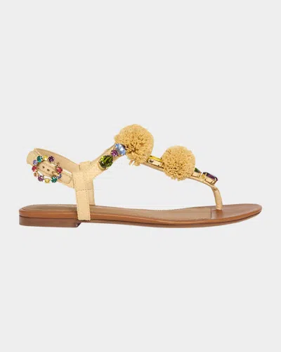 Dolce & Gabbana Raffia Pom Pom Gem Thong Sandals In Yellow