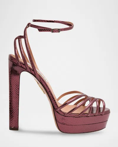 Aquazzura 130mm Wild Dream Snake-embossed Metallic Leather Platform Sandals In Burgundy