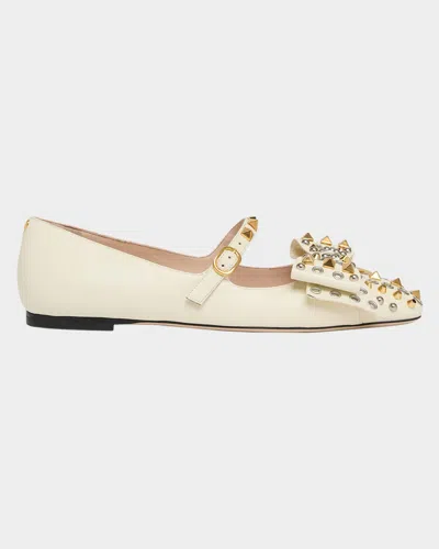 Valentino Bowow Studded Bow Leather Ballerina Flats In White