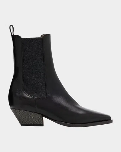 Brunello Cucinelli Leather Ankle Boots Cuban Heel In Black
