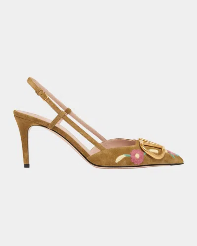 Valentino Vlogo Signature Flower-embroidered Suede Slingback Pumps In Brown