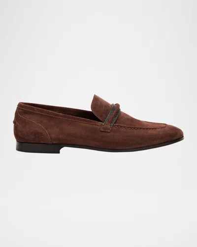 Brunello Cucinelli Suede Monili Strap Slip-on Loafers In Brown