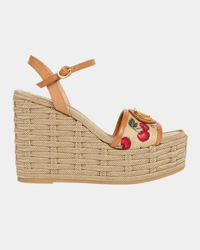 Valentino Vlogo Cherry Jacquard Raffia-wedge Espadrilles In Brown
