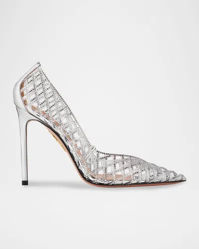 Aquazzura Lumiere 105 Metallic Leather-trimmed Crystal-embellished Cutout Pvc Pumps In Silver
