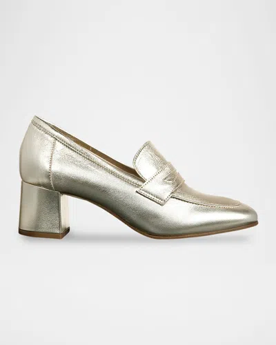 Sophique Essenziale Metallic Leather Block-heel Loafers In Silver