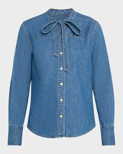 Veronica Beard Gabby Tie Neck Button-up Denim Shirt In Blue
