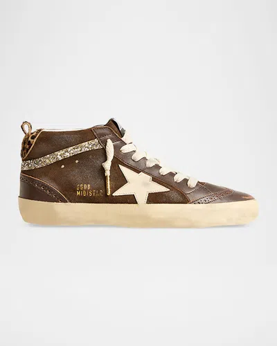 Golden Goose Midstar Mixed Leather Leopard Mid-top Sneakers In Brown