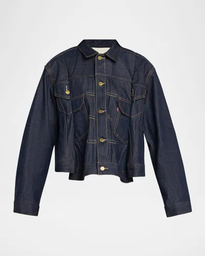 Sacai Denim Pleated Trucker Jacket In Blue