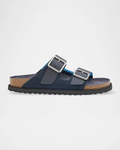 1774 Birkenstock Arizona Suede Pvc Dual-buckle Slide Sandals In Blue