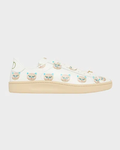 Valentino Royco Vlogo Cat-print Leather Sneakers In White