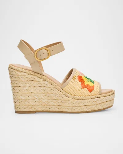 Valentino Bribri Raffia Flower Wedge Espadrille Sandals In Neutral